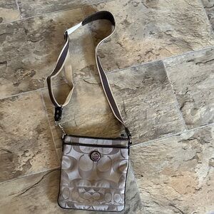Coach Khaki and Chalk Signature Small Crossbody Bag with Striped Strap